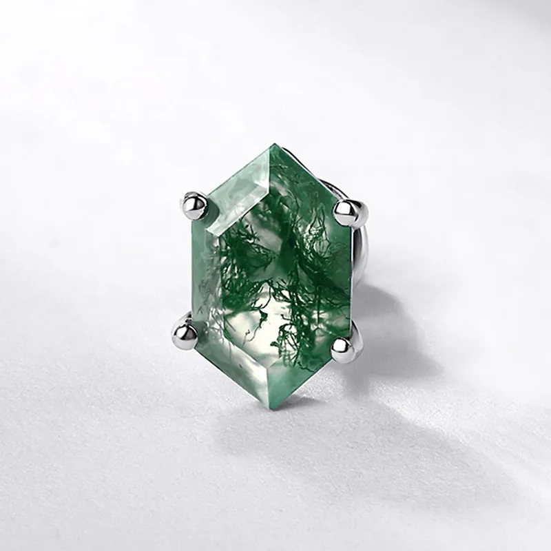 JewelyKing S925 Sterling Silver Green Moss Agate Hexagon Cut Natural Gemstone Minimalist Stud Earrings JKES0009