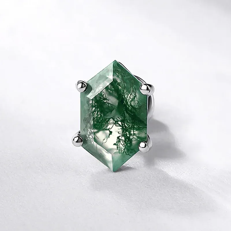 JewelyKing S925 Sterling Silver Green Moss Agate Hexagon Cut Natural Gemstone Minimalist Stud Earrings JKES0009