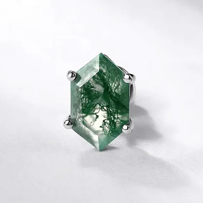 JewelyKing S925 Sterling Silver Green Moss Agate Hexagon Cut Natural Gemstone Minimalist Stud Earrings JKES0009
