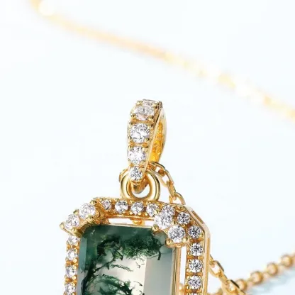 Jewelyking S925 Sterling Silver Gold Plated Green Crystals Vintage Rectangle Natural Moss Agate Pendant Necklace JKNS0085