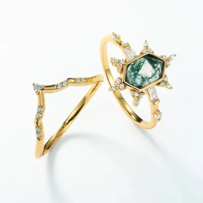 JewelyKing Natural 18K Gold Moss Agate Engagement Kite Shape Stone  Vintage Bridal Moissanite Ring JKRS0161