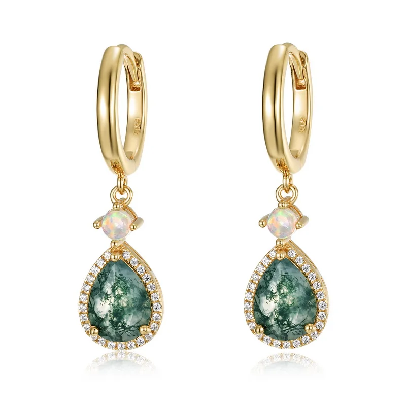 JewelyKing S925 Sterling Silver Pear Cut Moss Agate Opal Halo Drop Earrings JKES0012