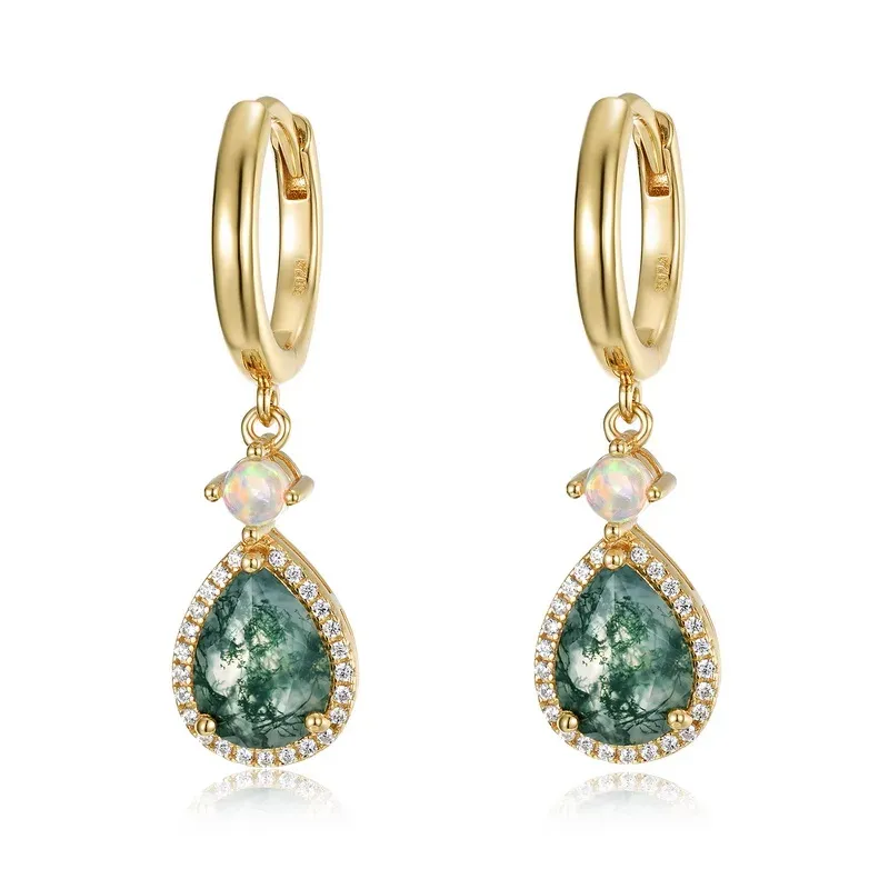 JewelyKing S925 Sterling Silver Pear Cut Moss Agate Opal Halo Drop Earrings JKES0012