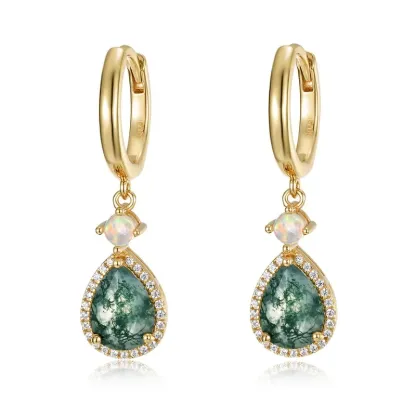 JewelyKing S925 Sterling Silver Pear Cut Moss Agate Opal Halo Drop Earrings JKES0012