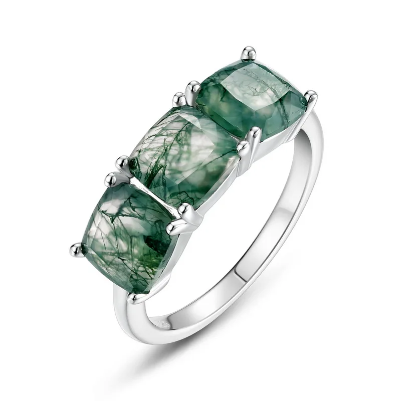 JewelyKing S925 Sterling Silver Natural Green Moss Agate Three Stone Ring JKRS0189