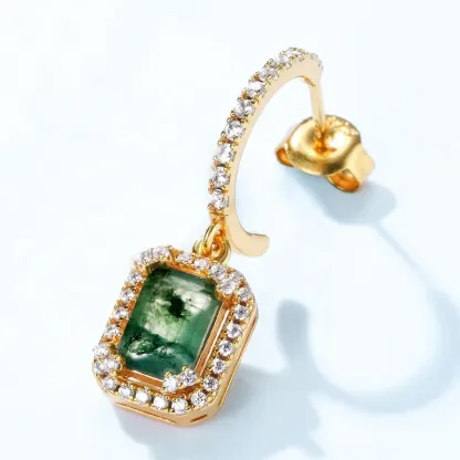 Jewelyking S925 Sterling Silver Green Gemstone Stud Earring 18K Gold Plated Rectangle Moss Agate Drop Earrings JKES0073