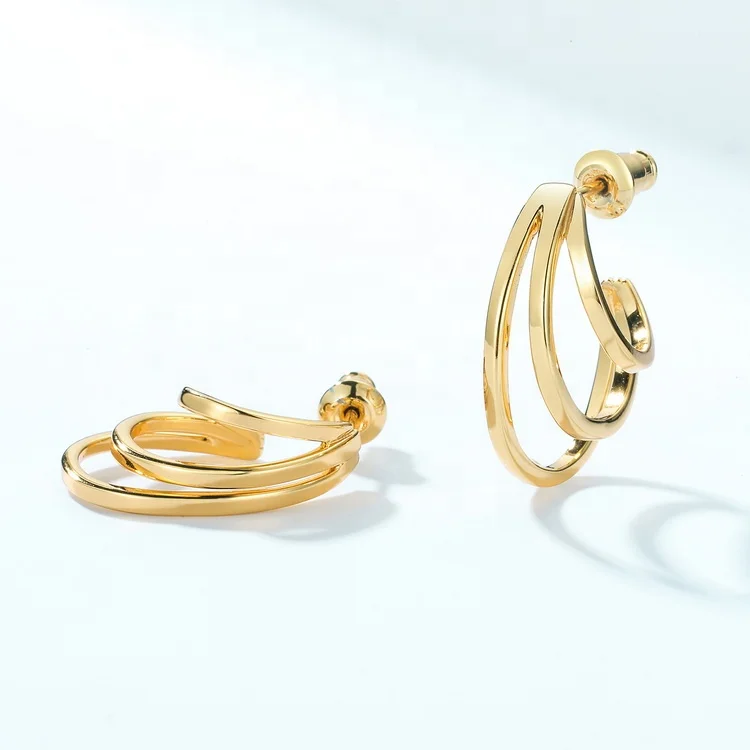 JewelyKing Trendy Triple Hoop Gold Plated Sterling Silver Vintage Women Hoop Stud Earrings JKES0134