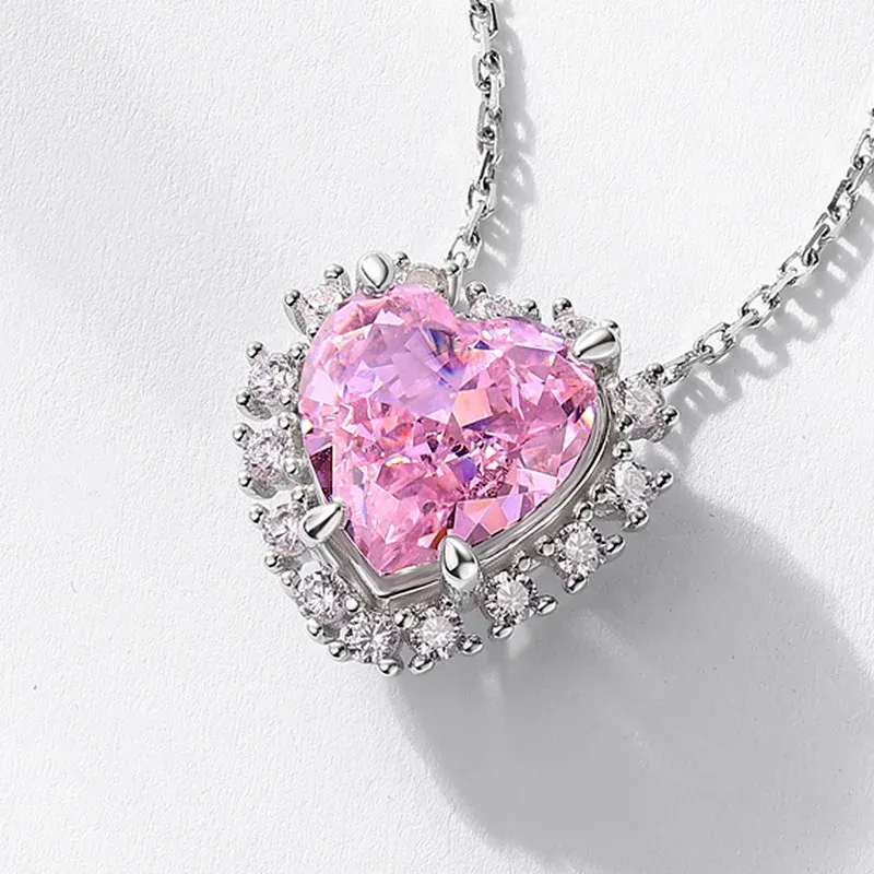 JewelyKing S925 Sterling Silver Pink Heart Gemstone High Carbon Diamond Colorful Pendant Necklace JKNS0168