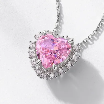 JewelyKing S925 Sterling Silver Pink Heart Gemstone High Carbon Diamond Colorful Pendant Necklace JKNS0168