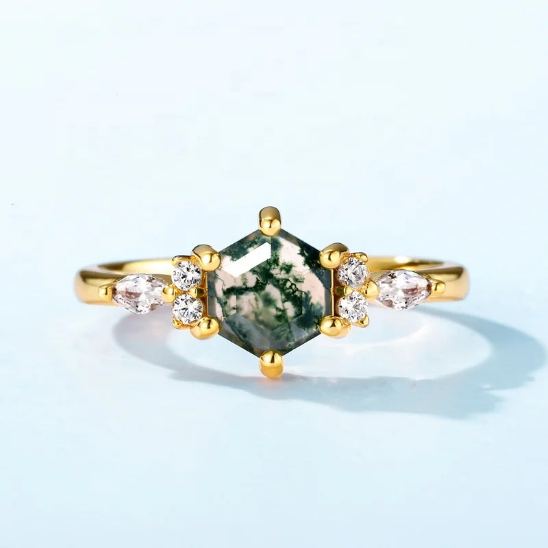 JewelyKing S925 Sterling Silver Moss Agate Rose Gold Plating Vintage Wedding Engagement Ring JKRS0237