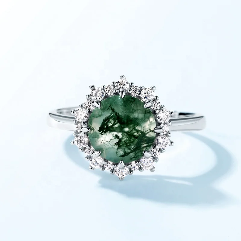 JewelyKing S925 Sterling Silver Minimalist Trend Jewelry Natural Moss Agate Gemstone Green Agate Engagement Wedding Rings JKRS0149