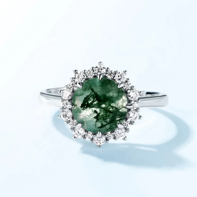 JewelyKing S925 Sterling Silver Minimalist Trend Jewelry Natural Moss Agate Gemstone Green Agate Engagement Wedding Rings JKRS0149