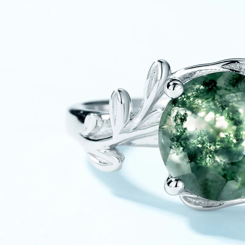 JewelyKing S925 Sterling Silver Green Moss Agate Gemstone Round Engagement Ring JKRS0222
