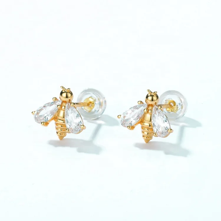JewelyKing S925 Sterling Silver Summer Jewelry Real Gold Plating Bumblebee Cute Bee CZ Earrings Studs JKES0126