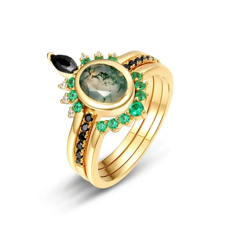 Flower CZ Oval Natural Moss Agate Ring 925 Sterling Silver Vintage Engagement Green Moss Agate Ring Cheap Price