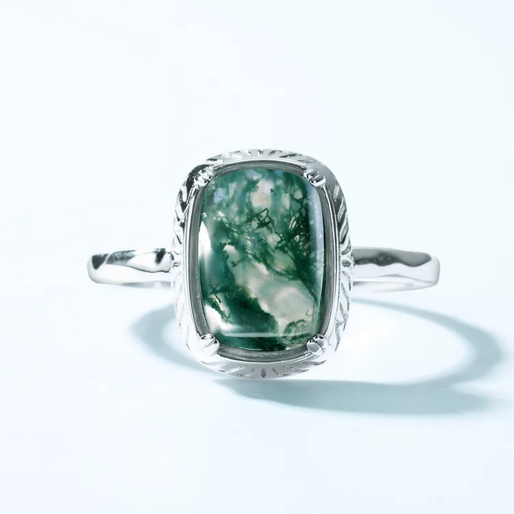 JewelyKing S925 Sterling Silver Green Gemstone Moss Natural Agate Stone Ring JKRS0217