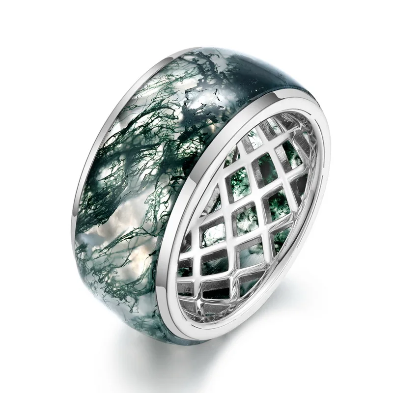 JewelyKing S925 Sterling Silver Green Moss Agate Wide Band Geometric Grid Hollow Design Natural Gemstone Ring JKRS0007