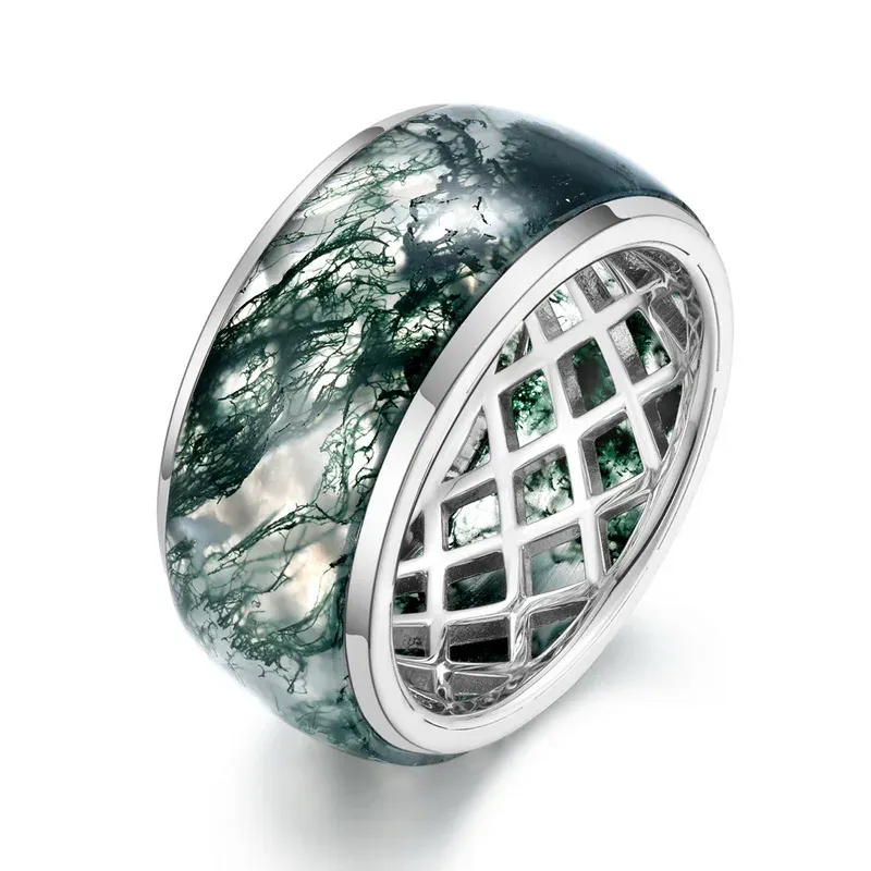 JewelyKing S925 Sterling Silver Green Moss Agate Wide Band Geometric Grid Hollow Design Natural Gemstone Ring JKRS0007