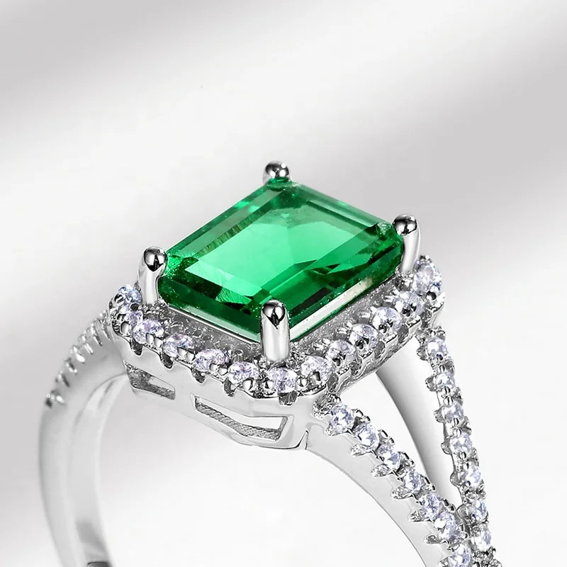 Wholesale Silver 925 Green Gemstone Open Jewelry Luxury Cubic Zirconia Ring Lab Grown Emerald Engagement Ring