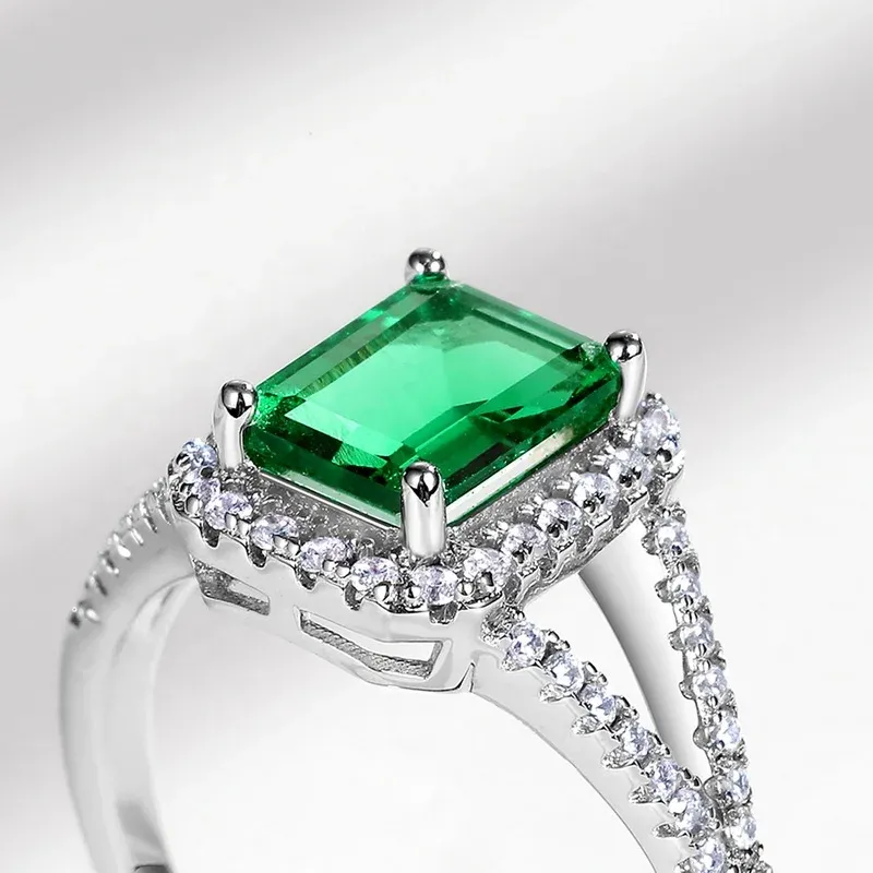 Wholesale Silver 925 Green Gemstone Open Jewelry Luxury Cubic Zirconia Ring Lab Grown Emerald Engagement Ring