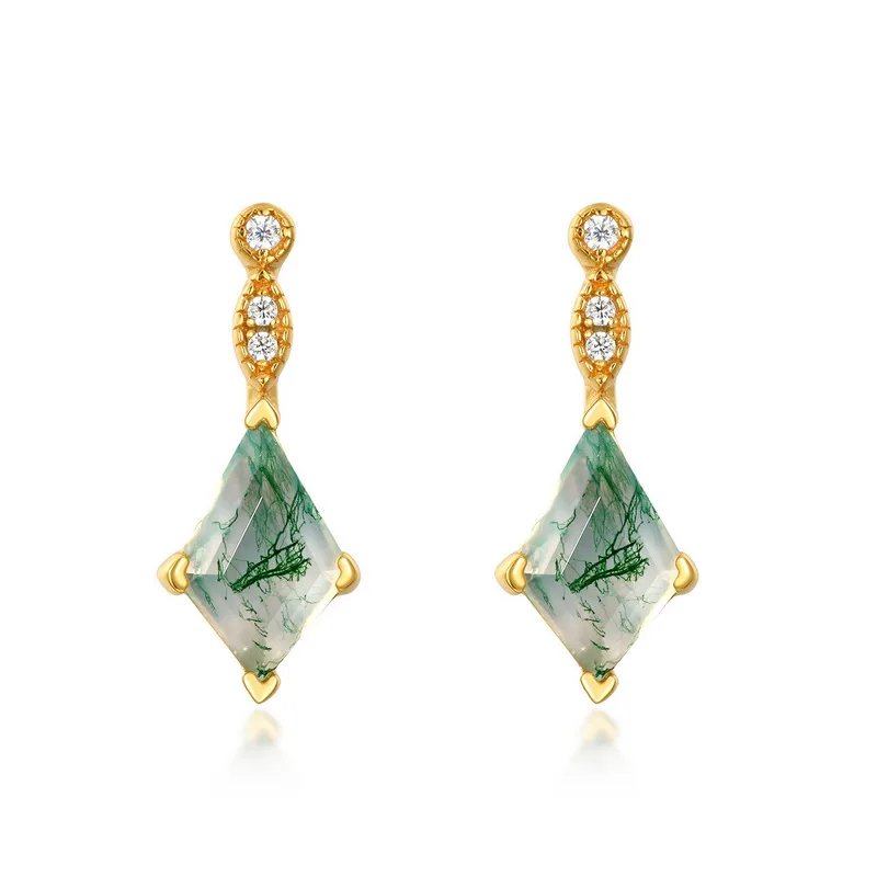 Jewelyking S925 Sterling Silver Natural Green Moss Agate Stone Kite Cut Moss Agate Earrings JKES0066