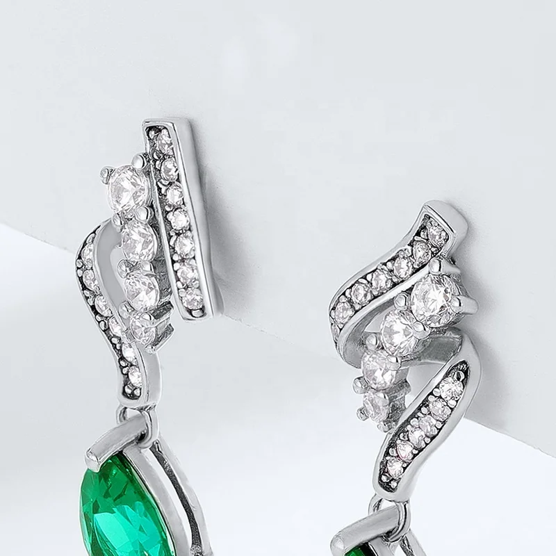 Sterling Silver 925 Dainty Gemstones Waterdrop Teardrop Earrings Shiny Zircon and Lab Grown Emerald Hanging Earrings