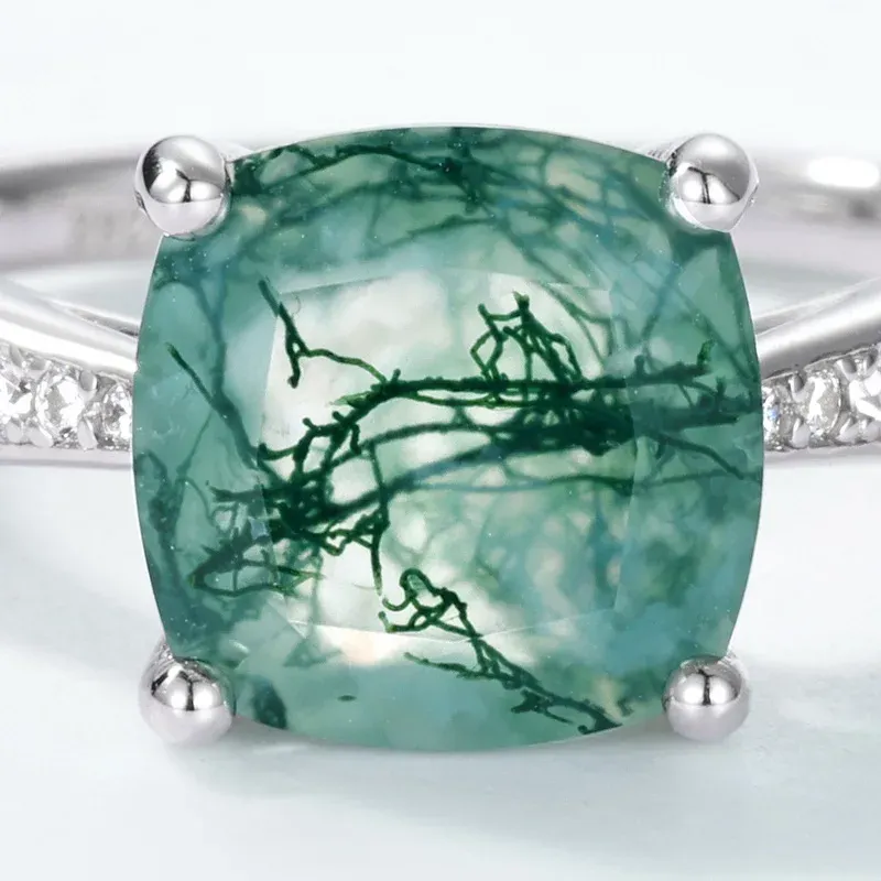 JewelyKing S925 Sterling Silver Moss Agate Cushion Cut Natural Green Moss Stone Jewelry Ring JKRS0006