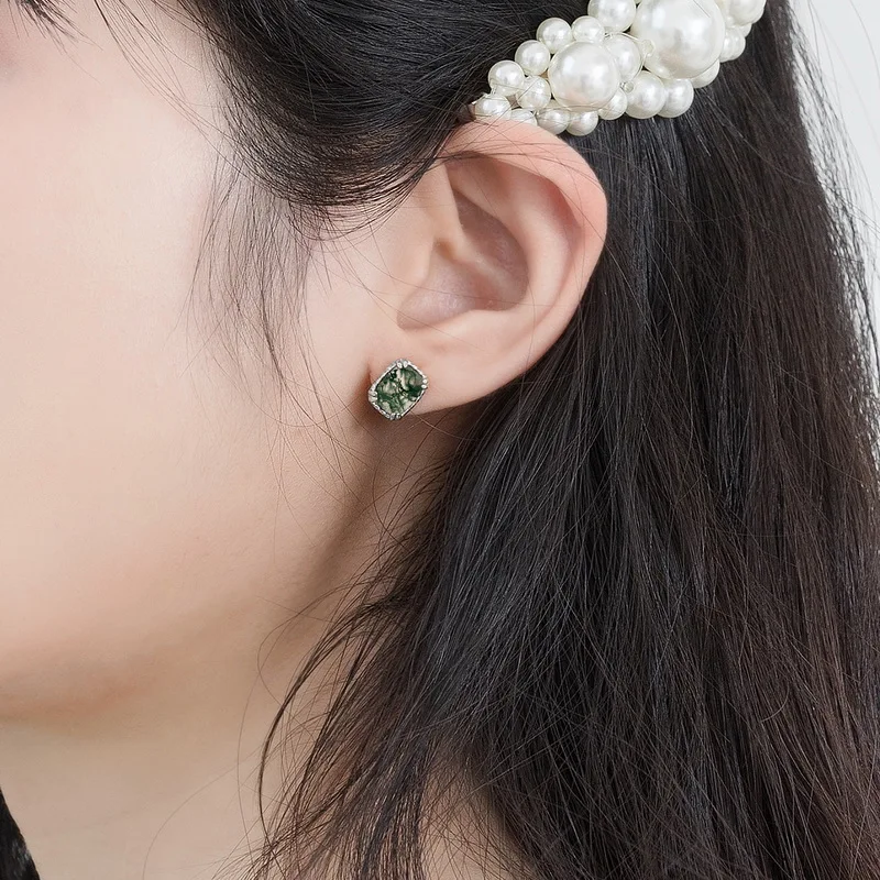 Jewelyking S925 Silver Sterling  Green Moss Agate Round Natural Earrings JKES0093