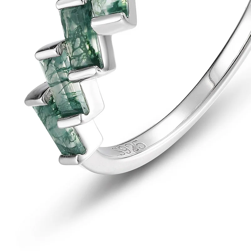 JewelyKing S925 Sterling Silver Wedding Green Moss Agate Engagement Gemstone Ring JKRS0163