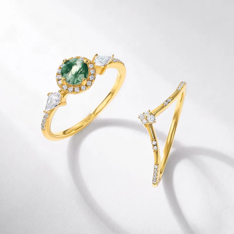 JewelyKing S925 Sterling Silver Round Cut Natural Gemstone 18k Gold Plated Green Moss Agate Engagement Rings  JKRS0194