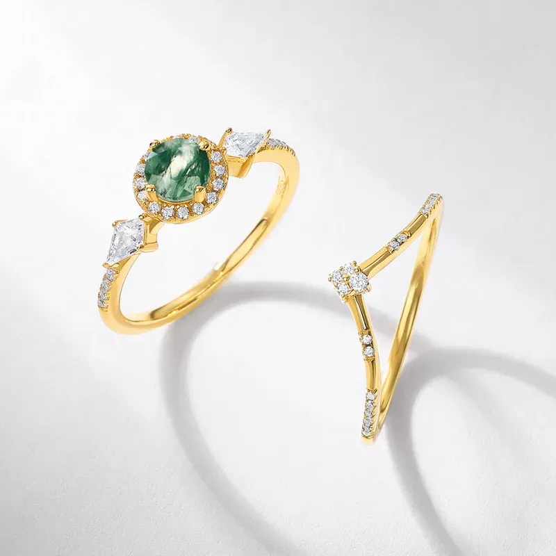 JewelyKing S925 Sterling Silver Round Cut Natural Gemstone 18k Gold Plated Green Moss Agate Engagement Rings  JKRS0194