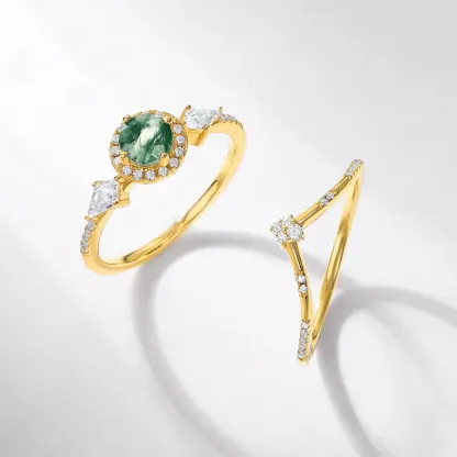 JewelyKing S925 Sterling Silver Round Cut Natural Gemstone 18k Gold Plated Green Moss Agate Engagement Rings  JKRS0194