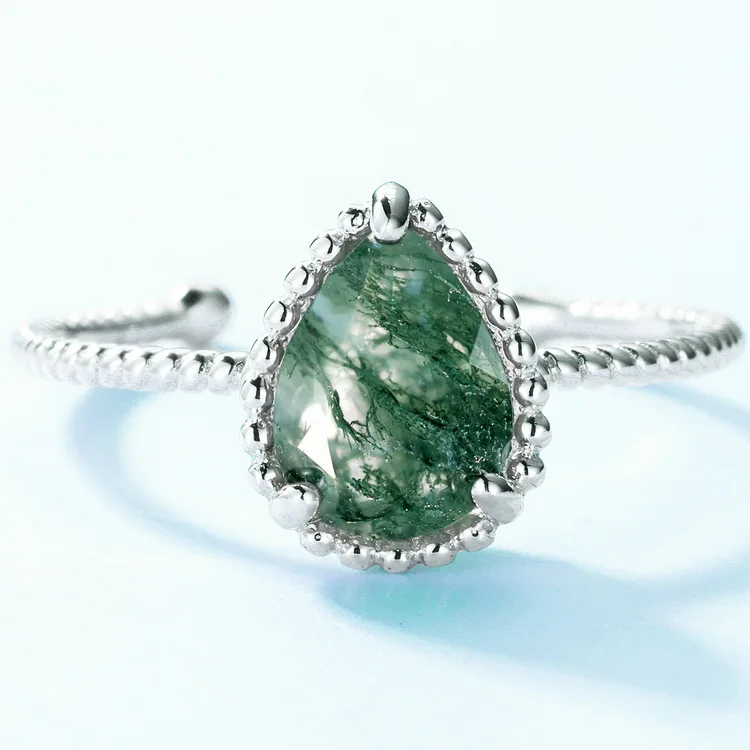 JewelyKing S925 Sterling Silver Antique Moss Agate Gemstone Halo Wedding Twist Rings JKRS0205