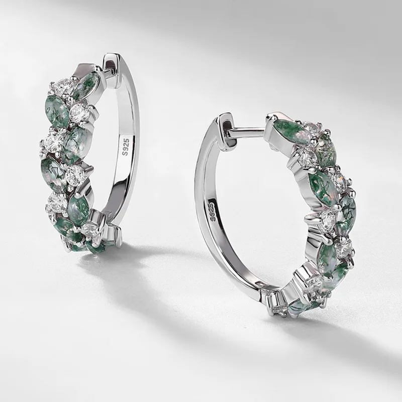 Jewelyking S925 Sterling Silver Green Moss Agate  Exquisite Cuff Design High-End Luxury Earrings JKES0107