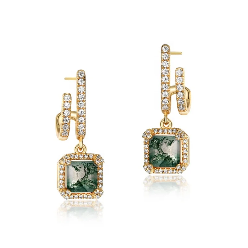 Jewelyking S925 Sterling Silver Natural Green Moss Agate Stone 18k Gold Drop Earrings Wedding JKES0083