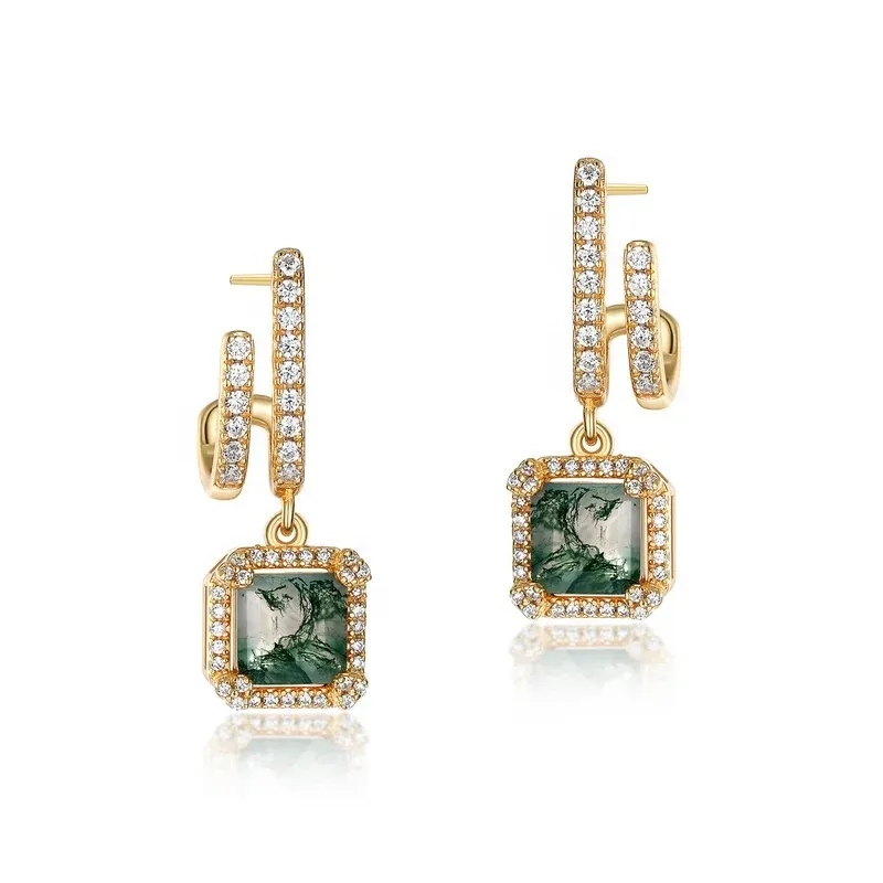 Jewelyking S925 Sterling Silver Natural Green Moss Agate Stone 18k Gold Drop Earrings Wedding JKES0083