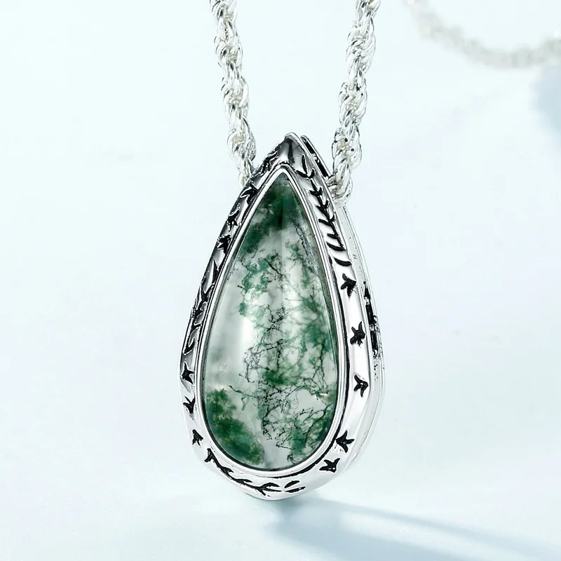 Jewelyking S925 Silver Ring Pear Shaped Moss Agate Natural Teardrop Emerald Stone JKNS0108