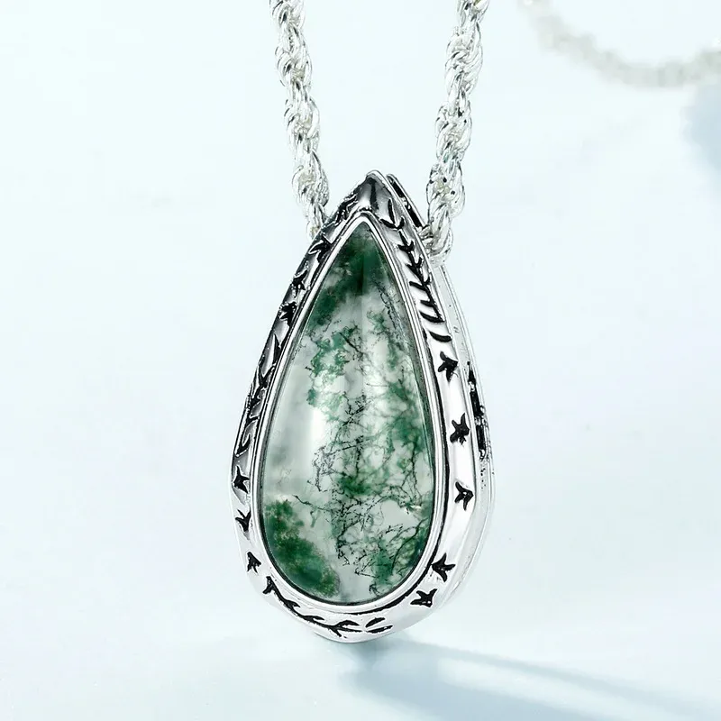Jewelyking S925 Silver Ring Pear Shaped Moss Agate Natural Teardrop Emerald Stone JKNS0108