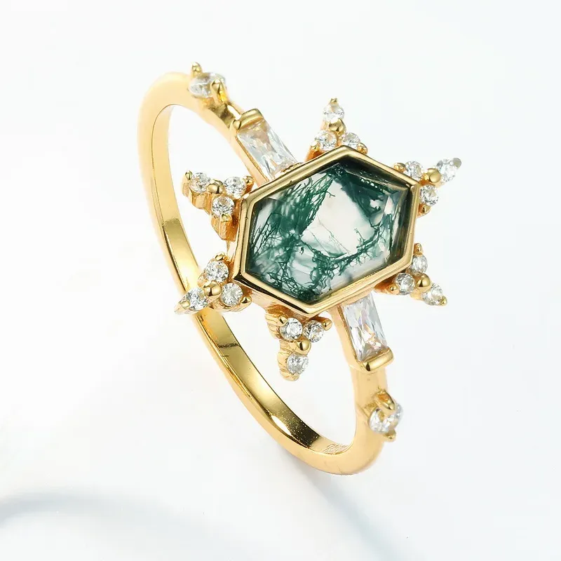 JewelyKing Natural 18K Gold Moss Agate Engagement Kite Shape Stone  Vintage Bridal Moissanite Ring JKRS0161
