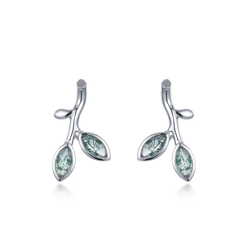 Jewelyking S925 Sterling Silver Forest Branch Party Gifts Hot Sale Green Moss Agate Earrings Sweet Green Earrings JKES0089