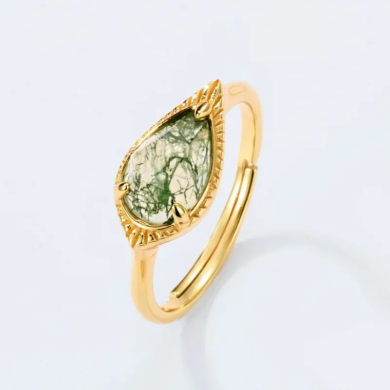 JewelyKing S925 Silver Silver 18k Gold Plated  Vintage Natural Green Moss Agate Emerald Claw Ring JKRS0170