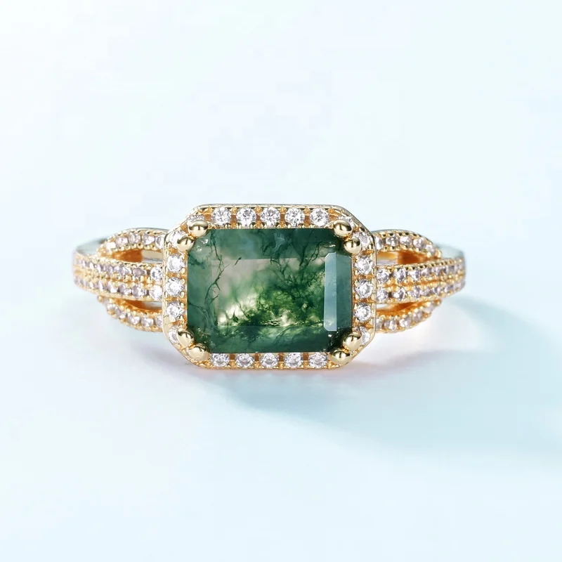 JewelyKing S925 Sterling Sliver Natural Gemstone Ring Moss Agate Green Stone Ring JKRS0244