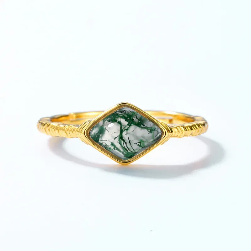 JewelyKing S925 Sterling Silver Boho Gemstone Gold Plating Sqquare Natural Green Moss Agate Ring JKRS0218