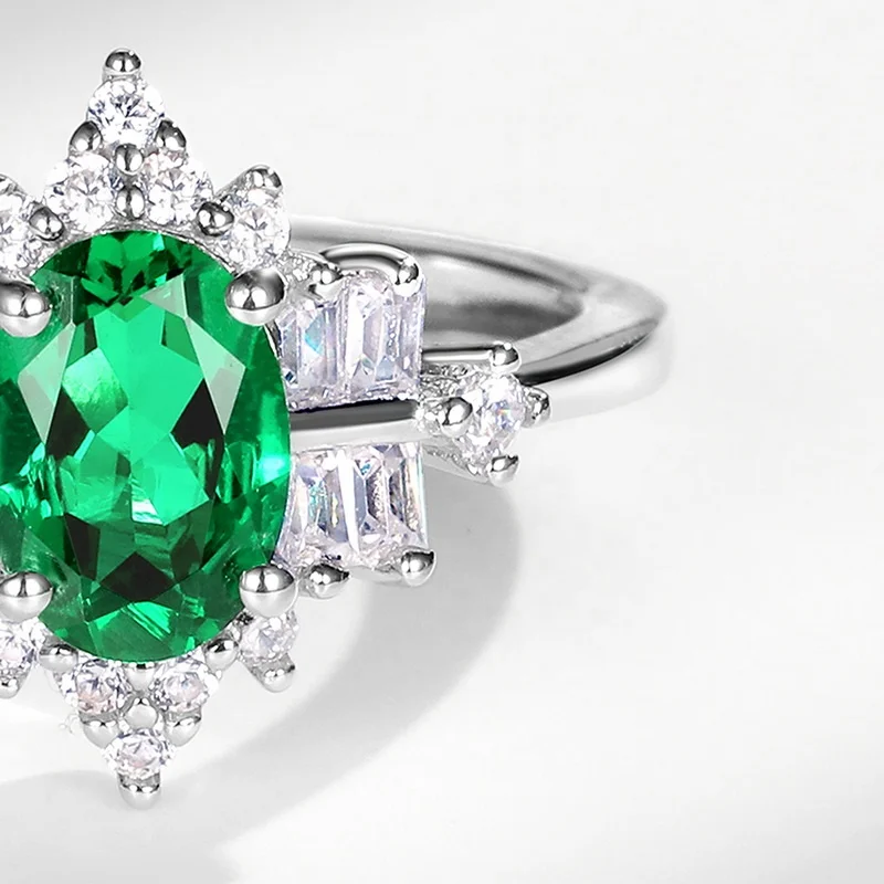 Fine Jewelry Emerald Cut Lab Grown Emeralds Ring 925 Sterling Silver Elegant Gemstone and Diamond Ring