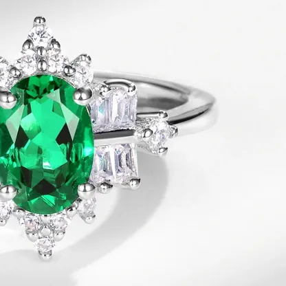 Fine Jewelry Emerald Cut Lab Grown Emeralds Ring 925 Sterling Silver Elegant Gemstone and Diamond Ring