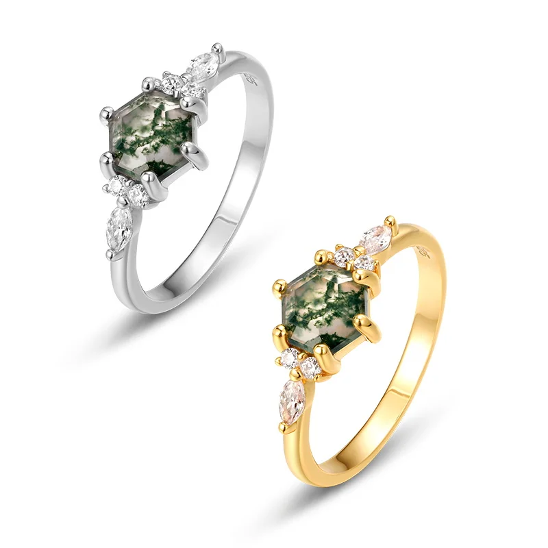 JewelyKing S925 Sterling Silver Zircon CZ Gold Filled Rhombus Shaped Natural Moss Agate Gemstone Ring JKRS0226