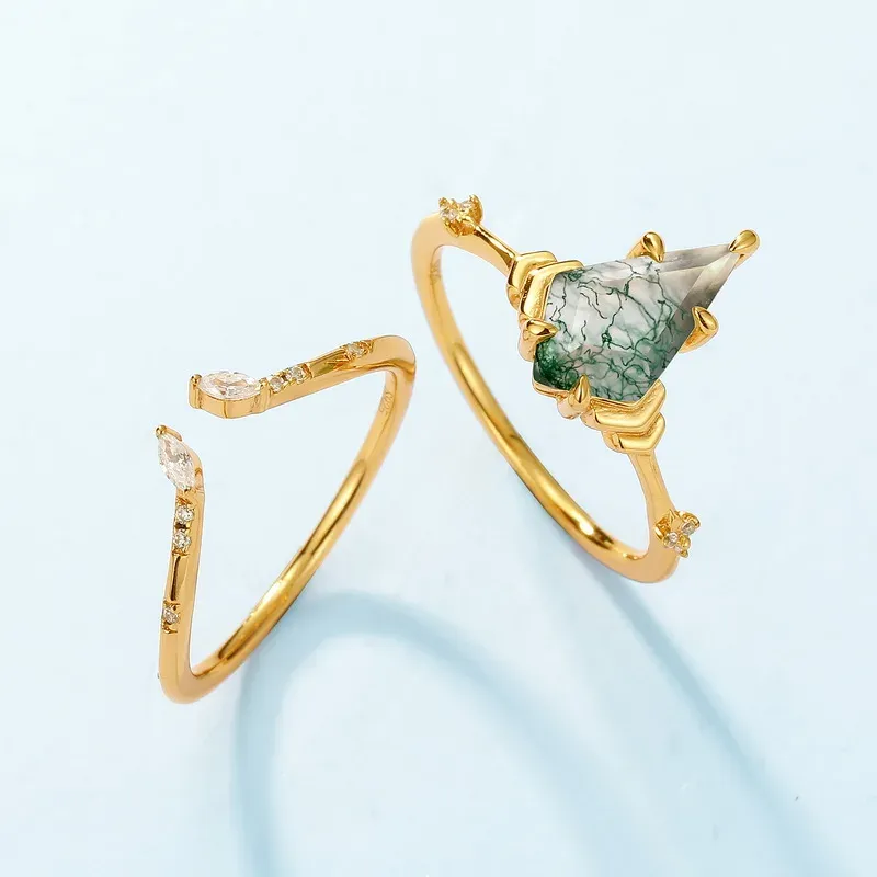 JewelyKing S925 Sterling Silver Kite Shape Natural Green Moss Agate Engagement Ring JKRS0246
