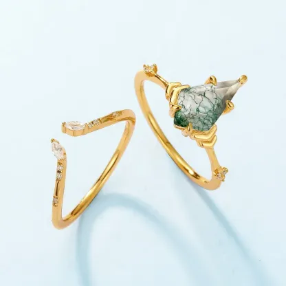 JewelyKing S925 Sterling Silver Kite Shape Natural Green Moss Agate Engagement Ring JKRS0246