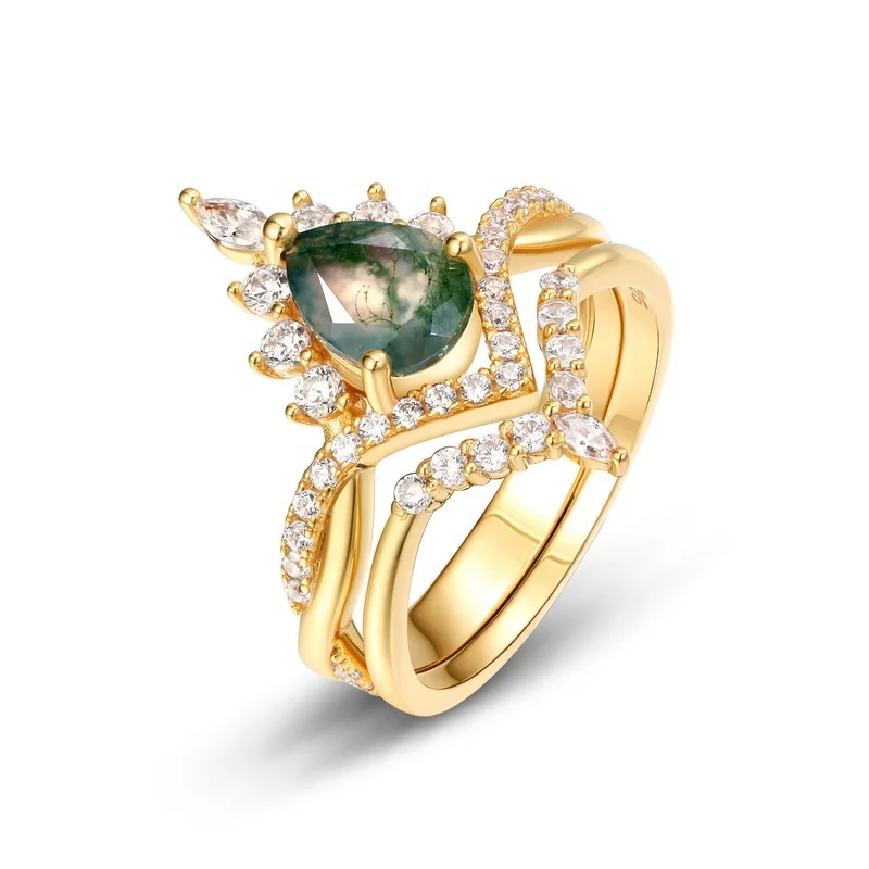 JewelyKing S925 Sterling Silver Luxurious Gold Filled Jewelry Twist Elegant Pear Shaped Natural Moss Agate Gemstone Ring JKRS0240