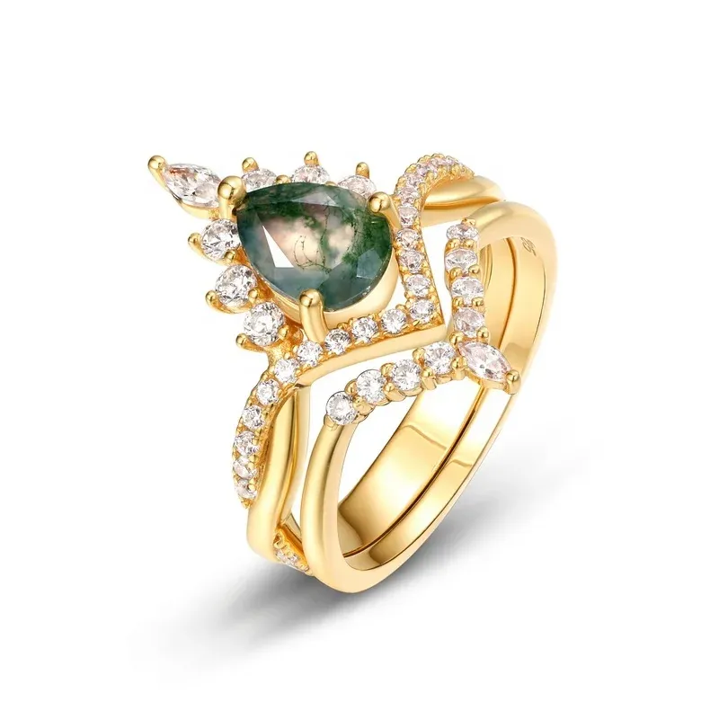 JewelyKing S925 Sterling Silver Luxurious Gold Filled Jewelry Twist Elegant Pear Shaped Natural Moss Agate Gemstone Ring JKRS0240